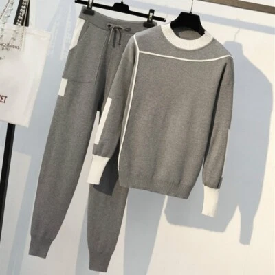 Women Knitted Jumper Set Pullover Sweater Drawstring Tapered Pants Tracksuit New - Image 1 of 4