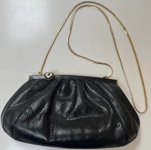 VINTAGE JUDITH LEIBER SHOULDER BAG LEATHER SNAKE BLACK GOLD CHAIN CLUTCH HEART - Picture 1 of 5