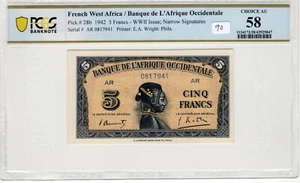 French West Africa 1942 5 Francs PCGS Banknote Certified Choice AU 58 Pick 28b - Picture 1 of 2
