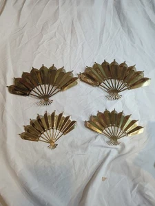 Vintage Shiny Gold Tone Metal Fans Matching Wall Hang Decor Set of 4 Unique *** - Picture 1 of 12