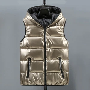 Mens Puffer Quilted Hooded Waistcoat Metallic Shiny Gilet Bubble Jacket Coat - Picture 1 of 15