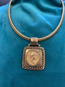 VTG Roman Head Goldtone Coin Pendant Necklace Mid Century 16” A7 - Picture 1 of 7