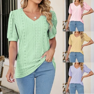 Womens Solid V Neck T-Shirt Summer Short Sleeve Casual Loose Tunic Tops Blouse ⇘ - Picture 1 of 21