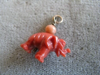 Rare Antique Natural Red Orange Coral Carved Elephant Bead Pendant Charm 11x16 - Image 1 of 4