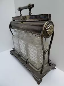 ANTIQUE 3 CUT GLASS DECANTERS TANTALUS SILVER PLATE STAND BEAVER HALLMARK LABELS - Picture 1 of 17
