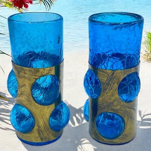 Vtg Felipe Derflingher Imprisoned 6.25" Crackle Glass Teal Tumbler Bubble Pair 2 - Picture 1 of 9