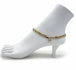 6mm CONCAVE CUBAN LINK CHAIN ANKLET CZ ANKLE BRACELET 14K GOLD PLATED - Picture 1 of 5