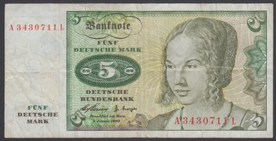Alemania República Federal 5 D. Mark 1960 VF P. 18a, Billete, Circulado Foto 1 de 2