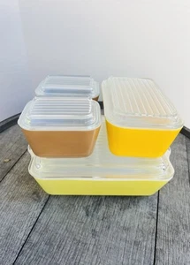 Vintage Pyrex - 8 Stk. Gelb - Orange - Braun Kühlschrank, Deckel Set - #501, 502, 503 - Bild 1 von 20