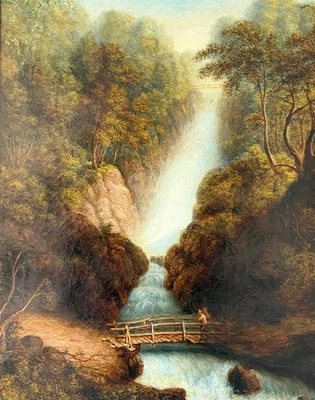 Pintura al óleo sobre lienzo 19"x24" Puente Hecho a mano Figura Cascada Escuela Inglesa  Foto 1 de 4