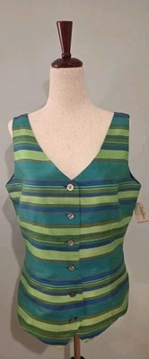 Colete de seda listrado azul verde tamanho 10 Dana Buchman vintage anos 90 Neiman Marcus - Imagem 1 de 4