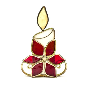 Christmas Stained Glass Candle Poinsettia Decorative Tea Light Holiday Holder - Picture 1 of 12