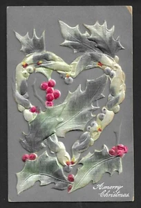 Antique Christmas Postcard - Velvety Heart of Holly - 1907/1915 Embossed Germany - Picture 1 of 2