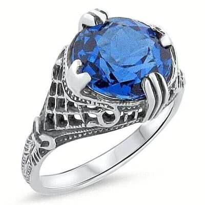 ANILLO DE PLATA ESTERLINA 925 ESTILO ANTIGUO DISEÑO ART DECO AZUL LONDRES 4 QUILATES 323Z Foto 1 de 3