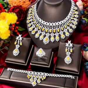 Bollywood CZ Necklace Earrings Bracelet Ring Indian Silver Plated Jewelry Set