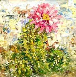 Pintura al óleo original cactus flor rosa cactus arte 6x6 pulgadas - Imagen 1 de 11