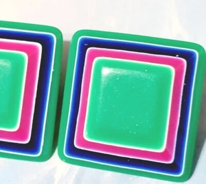 Green Lucite Geometric Square Large Pierced Earrings Green Pink Blue bp-50 - Picture 1 of 5