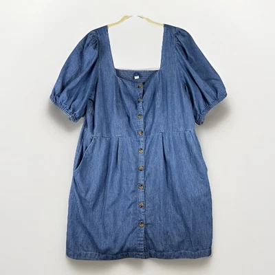 Antiguo Vestido Denim Azul Marino Manga Abullonada XXL Botón Frontal Vaquera Occidental Foto 1 de 4