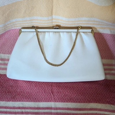 Vintage HL Harry Levine Clutch Evening Bag White W/ Goldtone Frame & Chain USA - Image 1 of 4