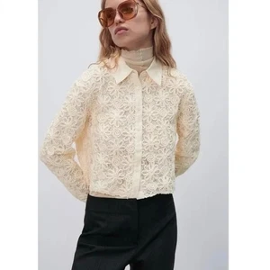 NWT!! ZARA Floral Lace Crop Cropped Buttondown Top Shirt Ivory Romantic X-Small - Picture 1 of 24