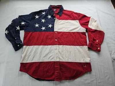 Tommy Hilfiger 美国国旗纽扣衬衫男式 M 长袖牛仔布 24.5×29 — 第 1/4 张图片