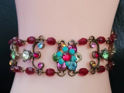 Винтажный подписанный декоративный браслет Michal Negrin эмаль цветы и хрустальные акценты - Изображение 1 из 4