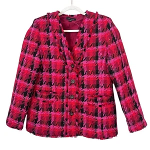 Ann Taylor Long Cardigan Blazer Jacke Hahnentritt Tweed Fransenbesatz rot rosa 4 - Bild 1 von 8