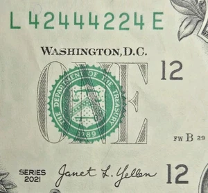 Binary Note 4s & 2s Fancy Serial Number L42444224E 2021 1$ One Dollar Bill - Picture 1 of 4