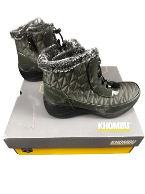 Khombu女式冬季雪地靴7M橄榄绗缝人造毛皮衬里防水全新带盒 — 第 1/4 张图片