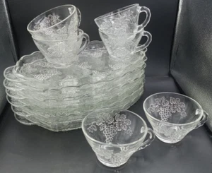 16 pc Set of 8 Glass Snack Plates & 8 Cups Grape & Leaves Scalloped Edge - Picture 1 of 3