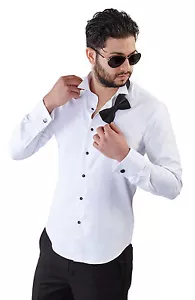 Hombres Sin Etiqueta Blanco Punta de Ala Esmoquin Camisa de Vestir Calce Ajustado Lazo Gemelos Tachuelas AZAR - Imagen 1 de 5