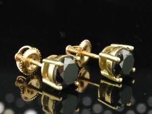 Black Diamond Solitaire Earrings 10K Yellow Gold Round Cut Studs 3 Tcw.