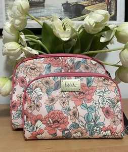 Nicole Miller 2 Pc. Pink Floral Cosmetic Makeup Bag Travel Set. Brand New. - Picture 1 of 12