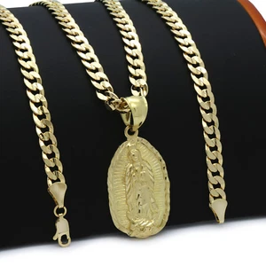 Mens 18k Gold Plated Guadalupe Hip-Hop Pendant 6mm Cuban Chain Necklace - Picture 1 of 9