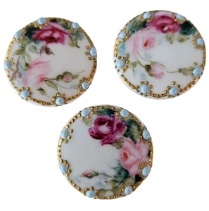 Botones redondos antiguos de porcelana de hueso, vástago automático, rosas pintadas a mano, rosa, azul - Imagen 1 de 9