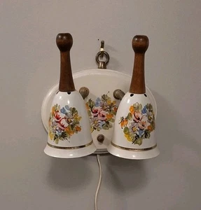 Rare VTG Double Gooseneck Hanging Wall Lamp Handpainted Metal Heads Wood Base - Picture 1 of 10