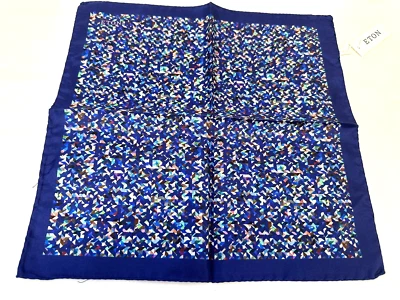 NEW! Eton navy blue silk pocket square with multicoloured geometric pattern - Image 1 of 4