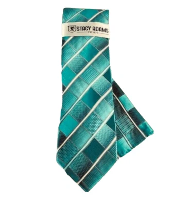 Stacy Adams Men's Tie Hanky Set Turquoise Teal Silver Charcoal Plaids 3.5" Wide - Image 1 of 3