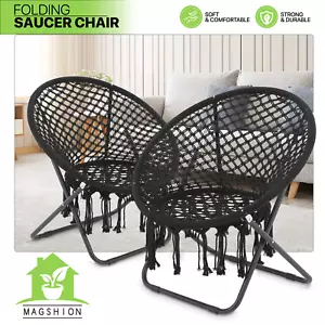 2 Pack Folding Boho Chair Outdoor No Slip Metal Frame Round Moon Black w/Tassel - Picture 1 of 11
