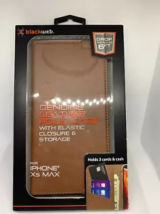 BlackWeb Genuine Leather Folio Case Brown Elastic Closure/Storage iPhone Xs MAX - Picture 1 of 3