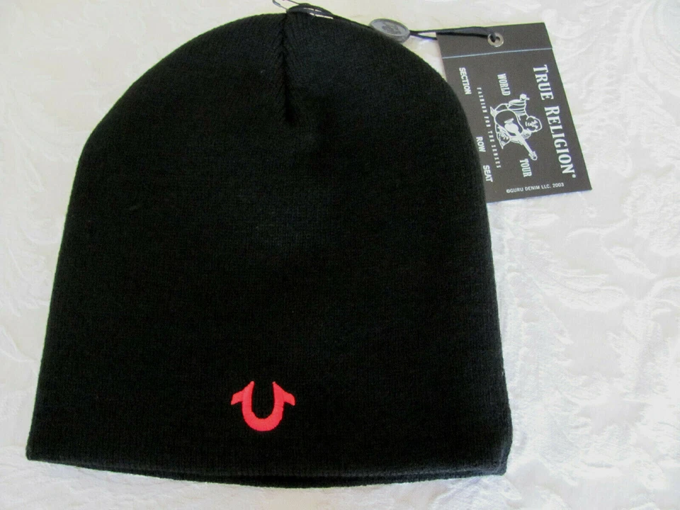 TRUE RELIGION TRBEANIE06 Men's Black w/Red Horseshoe Logo Beanie Hat