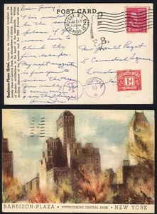 SGD28 1d franqueo adeudado en una postal de Barbizon Plaza NY 13/10/1938 - Imagen 1 de 1