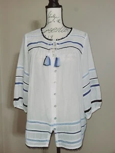 J. Jill L White Gauze Blue Pom Pom Tassel Button Blouse Semi-Sheer Women's Med - Picture 1 of 12