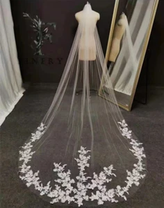 White Ivory 1 Layer Lace Cathedral Wedding Veil With Comb Bridal veil Lace Edge  - Picture 1 of 5
