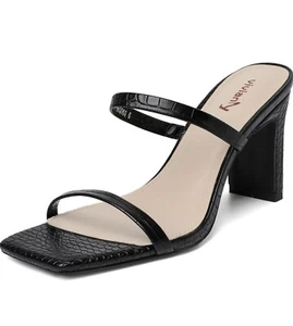 Womens Two Strap Open Toe Block Heeled Sandal Slip On Square Toe Heels - Picture 1 of 8