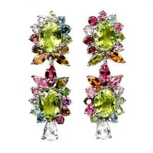 Summer 925 Silver Earrings Oval Peridot 8x6mm Aquamarine Tourmaline Jewelry - Picture 1 of 9