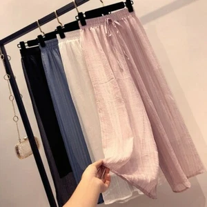Pantalone donna gamba zeppa chiffon pantalone righe elastico in vita casual culotte largo - Foto 1 di 16