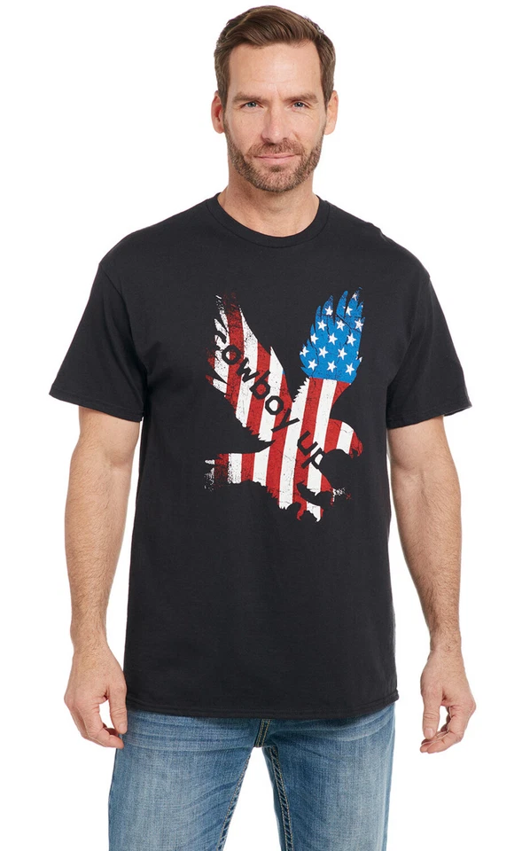 Cowboy Up Mens Patriotic Eagle Black 100% Cotton S/S T-Shirt - Image 1 of 1