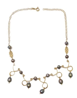 Vintage Italy 14K Gold Sterling Silver Baroque Pearl Ornate Wire Design Necklace - Image 1 of 4