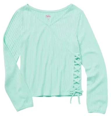 Justice девочек верхний Aqua размер 12/14 мягкий ребро пуловер длинным рукавом стороны шнурует вверх - Изображение 1 из 4